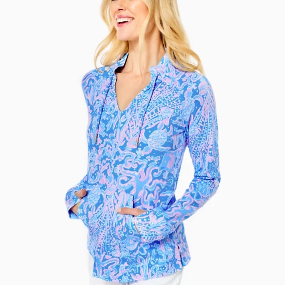 Lilly Pulitzer Cassi Popover Small Shirt with Drawstring and Extended Sleeves